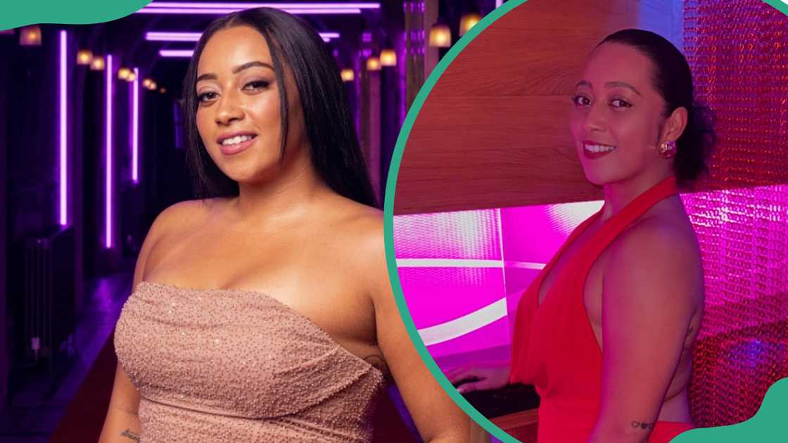 Demi Brown wearing a textured strapless dress (L). Brown posing in a red sleeveless halter neck outfit (R) Demi Brown wearing a textured strapless dress (L). Brown posing in a red sleeveless halter neck outfit (R)