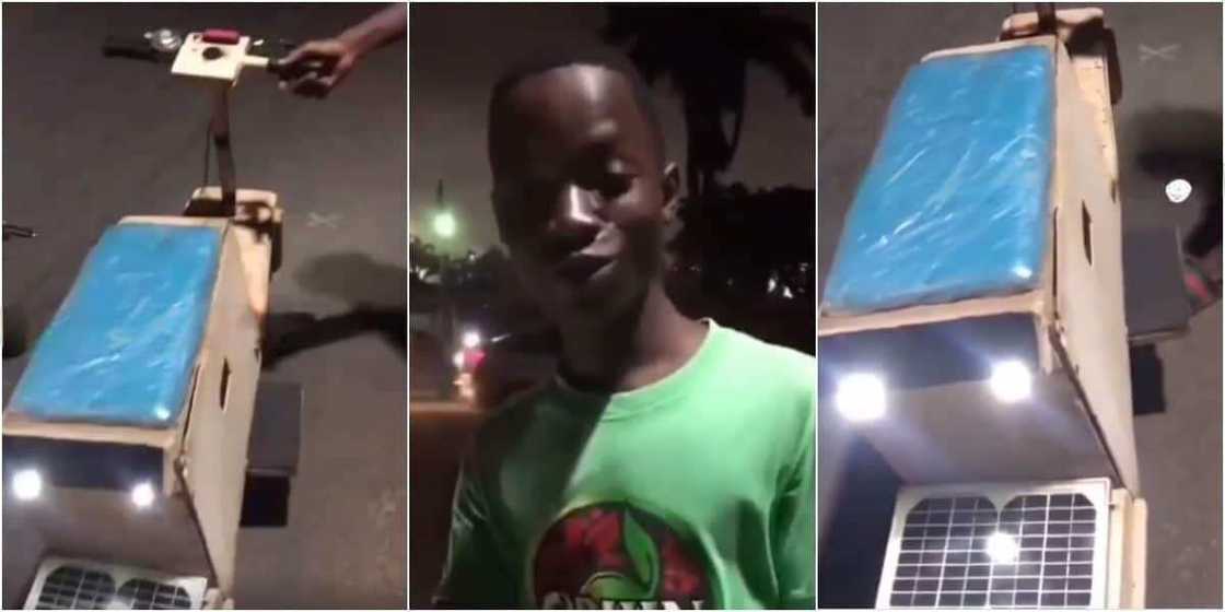 Samuel: Teenager in Ghana builds solar-powered electric motorbike from wood that plays music Samuel: Teenager in Ghana builds solar-powered electric motorbike from wood that plays music