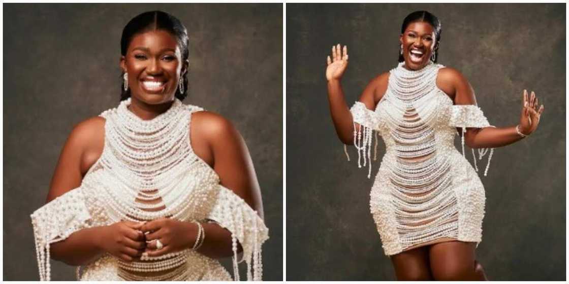Warri Pikin in her pearl bridal shower dress Warri Pikin in her pearl bridal shower dress