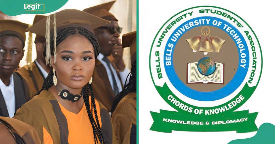 A graduating Bells University student (L). The Bells University of Technology logo (R) A graduating Bells University student (L). The Bells University of Technology logo (R)