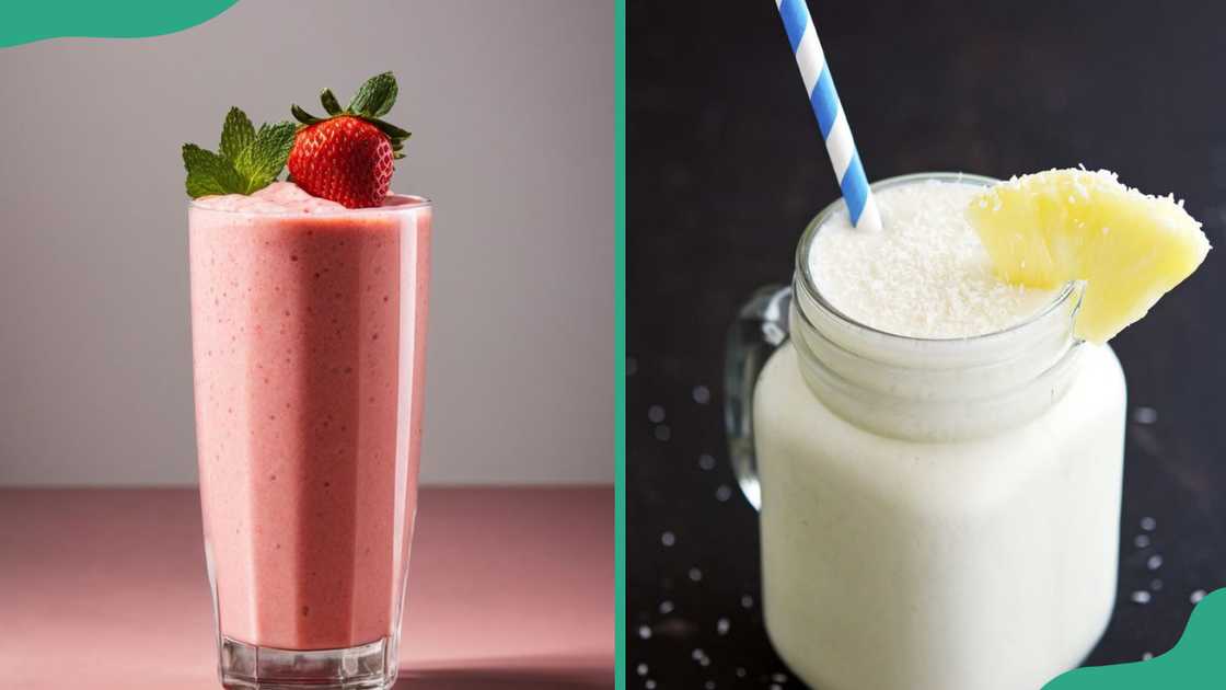 A glass of strawberry smoothie (L) and a glass of coconut smoothies (R) A glass of strawberry smoothie (L) and a glass of coconut smoothies (R)
