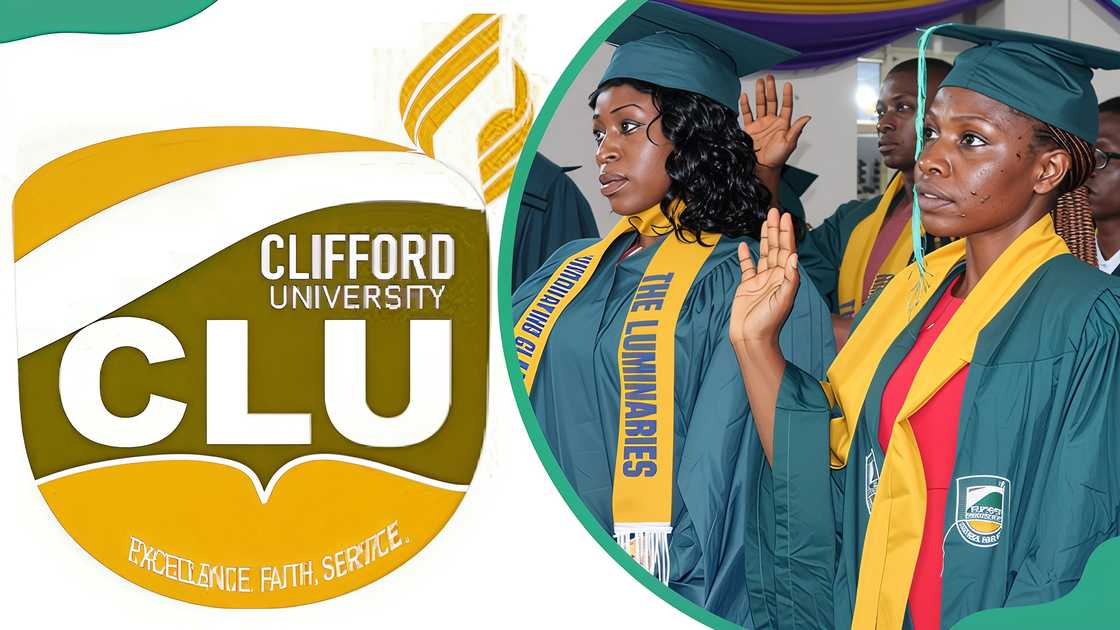 Clifford University logo and graduands in a graduation hall Clifford University logo and graduands in a graduation hall