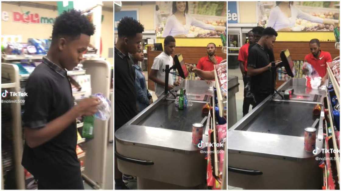 Eating in supermarket/man took wrapper to cashier. Eating in supermarket/man took wrapper to cashier.