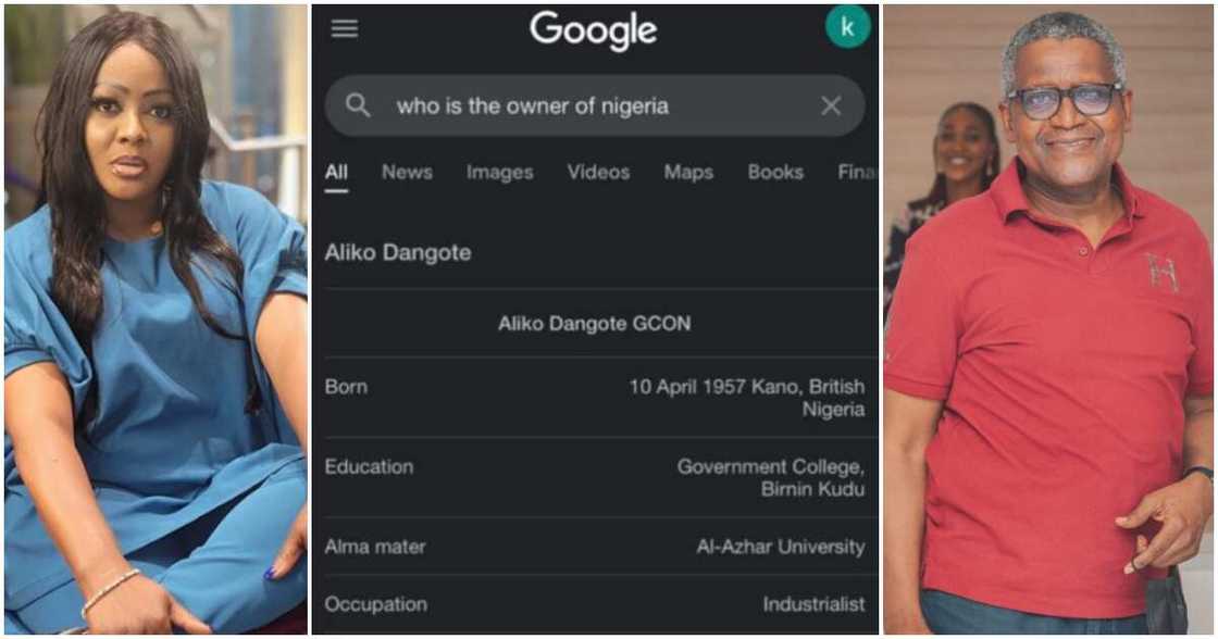 Helen Paul, Google result showing Aliko Dangote owns Nigeria. Helen Paul, Google result showing Aliko Dangote owns Nigeria.