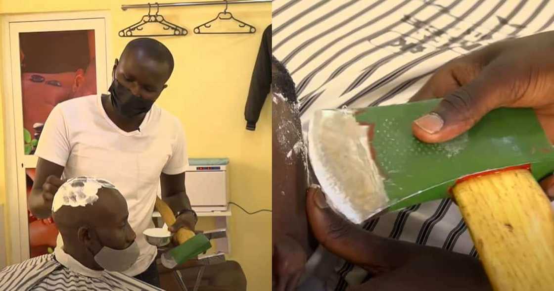 Julius Mwangi shaving a client with an axe. Julius Mwangi shaving a client with an axe.