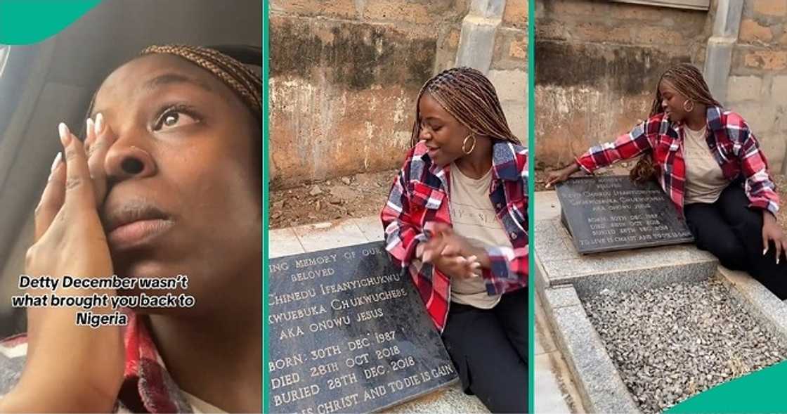 Lady tearfully returns to Nigeria, visits late brother's grave