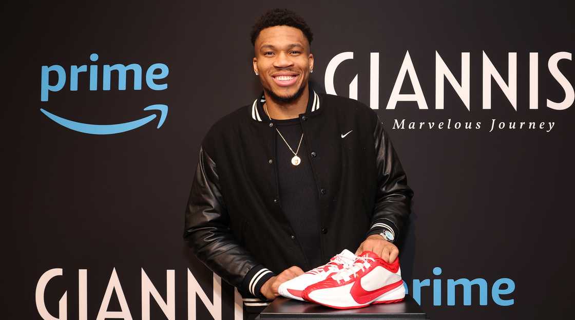 Giannis Antetokounmpo poses on the red carpet of the world premiere of Giannis: The Marvelous Journey Giannis Antetokounmpo poses on the red carpet of the world premiere of Giannis: The Marvelous Journey