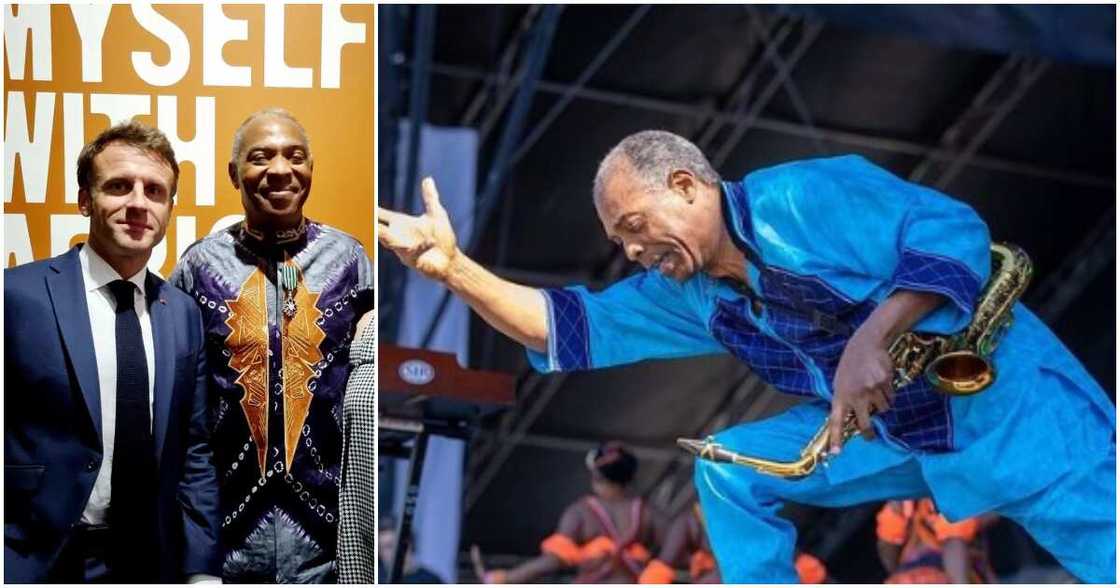 Photos of Femi Kuti and French President Emmanuel Macron.