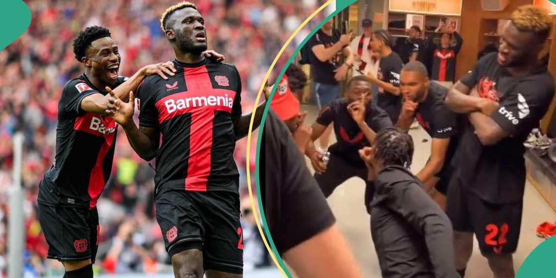 Boniface and Tella celebrate Bayer Leverkusen's victory.