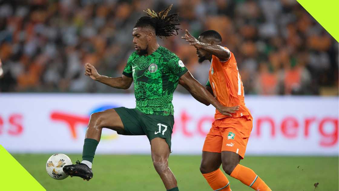 Alex Iwobi playing against Ivory Coast's Serge Aurier in the AFCON 2023 final. Alex Iwobi playing against Ivory Coast's Serge Aurier in the AFCON 2023 final.
