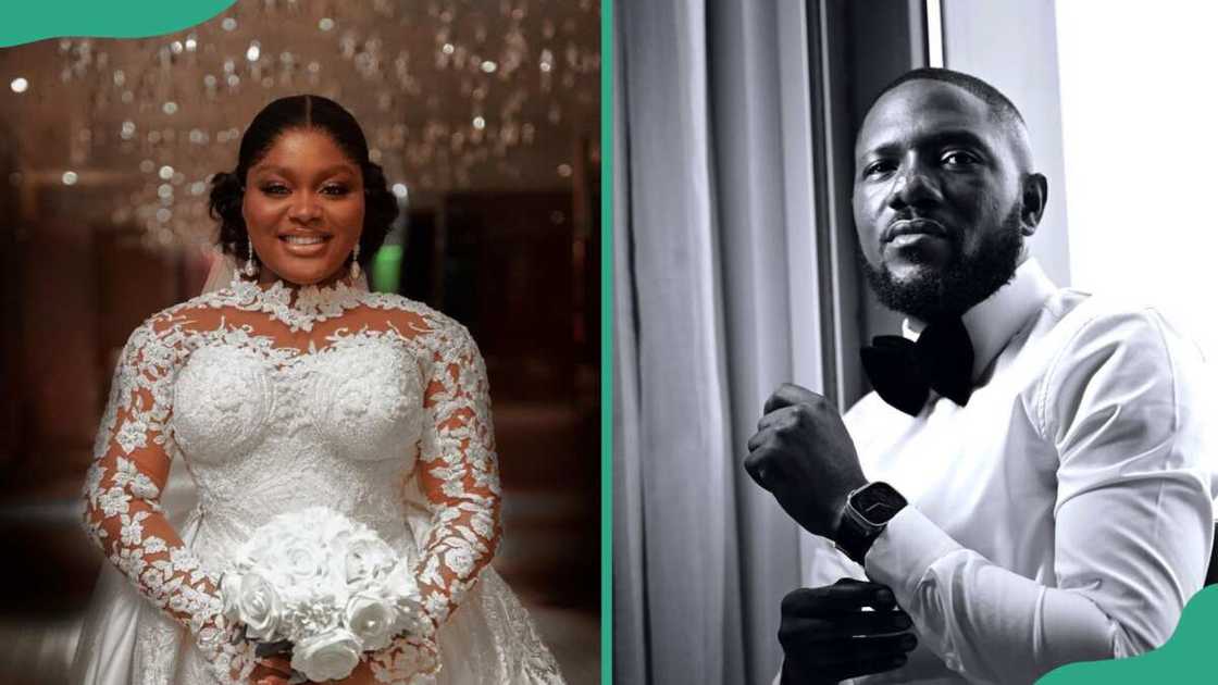 Nigerian gospel music singer Sunmisola Agbebi (L) and her husband, Yinka (R), on their wedding day.