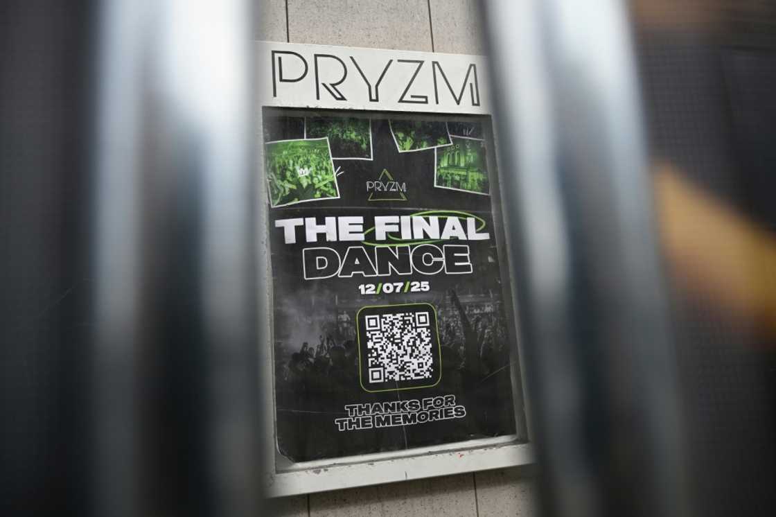 A sign advertises the final night at the closed-down PRYZM Kingston club in Kingston, west of London, on July 31, 2025