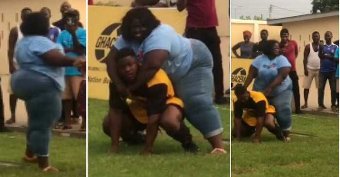 Man backs plus-size woman, failed attempt Man backs plus-size woman, failed attempt