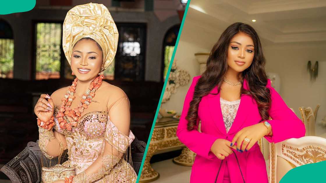 Regina Daniels in a Nigerian dress and a pink suit Regina Daniels in a Nigerian dress and a pink suit