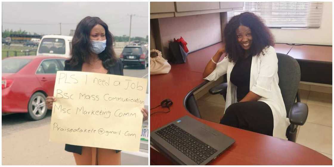 Female Graduate Who Had Hit the Street with Cardboard to Beg for Job Finally Gets a Job, Shares Office Photo