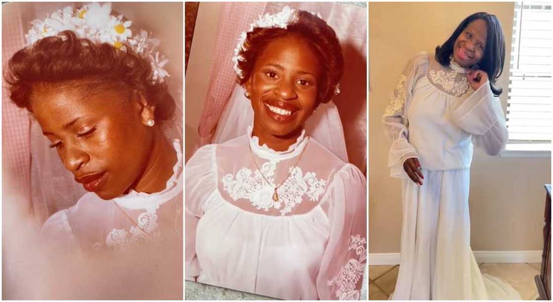 Photos of a woman in her wedding gown.