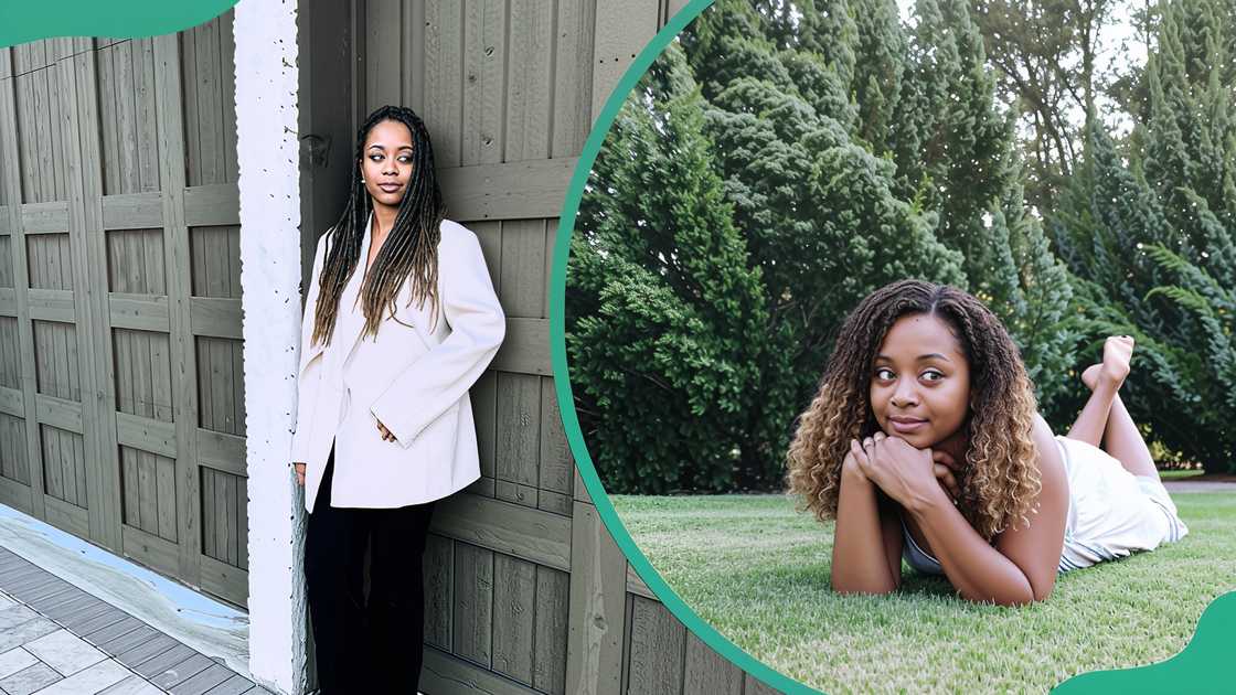 Ren Taylor Roberts leans on a grey door as she poses for a photo (L). The singer enjoys a solo moment lying down on a grass lawn (R)