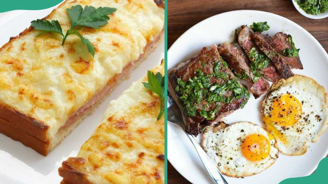 Two pieces of Croque Monsieur (L) and a plate of Eggs & Steak (R) Two pieces of Croque Monsieur (L) and a plate of Eggs & Steak (R)