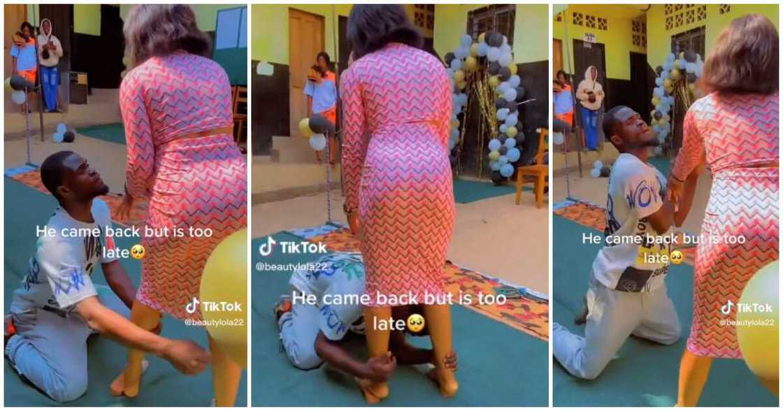 Man begs girlfriend to take him back, man kneels