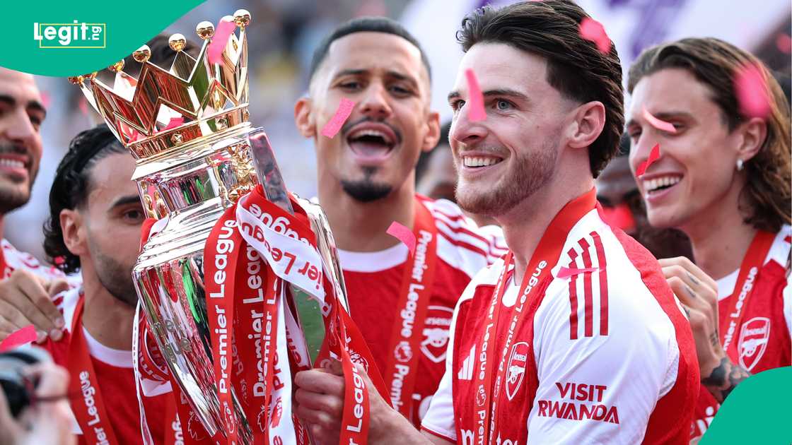 Declan Rice, William Saliba, Arsenal, Premier League, England. Declan Rice, William Saliba, Arsenal, Premier League, England.
