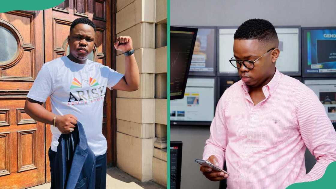 Sandile outside a building on a sunny day (L) and at his workplace (R)