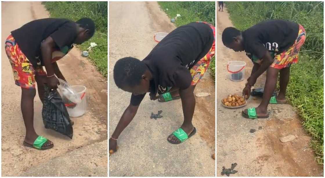 Nigerian boy who spilt his grandmother's 'puf puf' tries to pick it on the ground. Nigerian boy who spilt his grandmother's 'puf puf' tries to pick it on the ground.