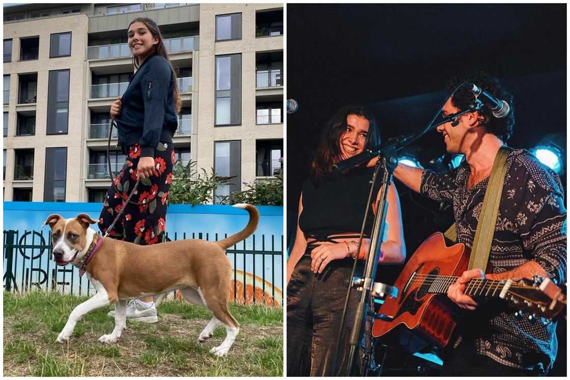 Rafael Pugh walks her dog in a neighborhood (L). She performs alongside her brother Sebastian at a concert (R)