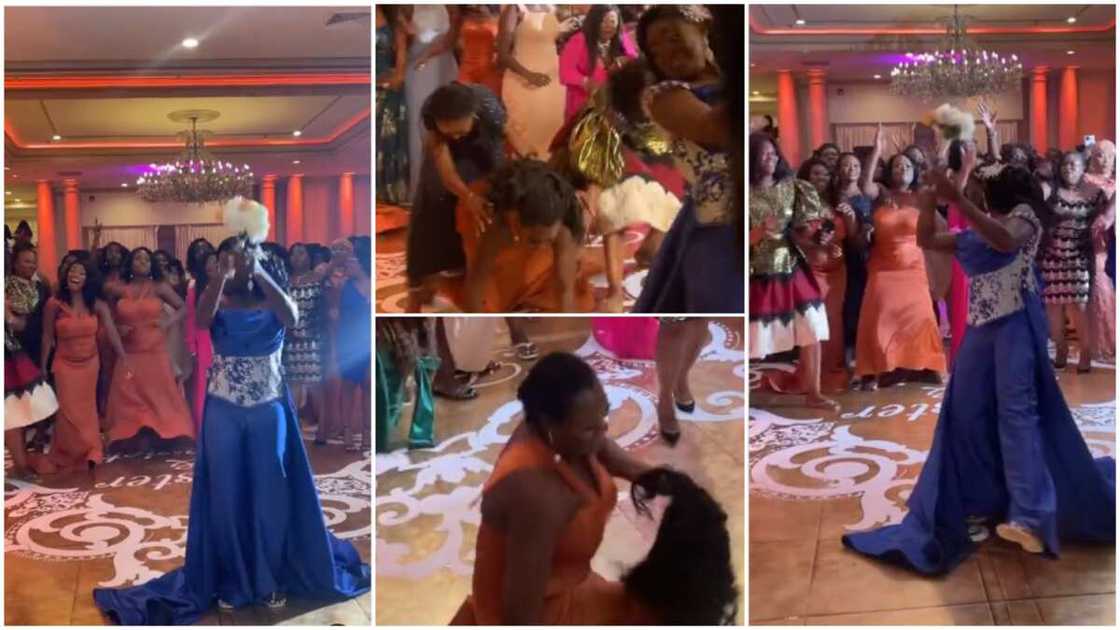 Ladies struggles to catch bride's flower at wedding, fight for it, bridesmaid loses her wig in video