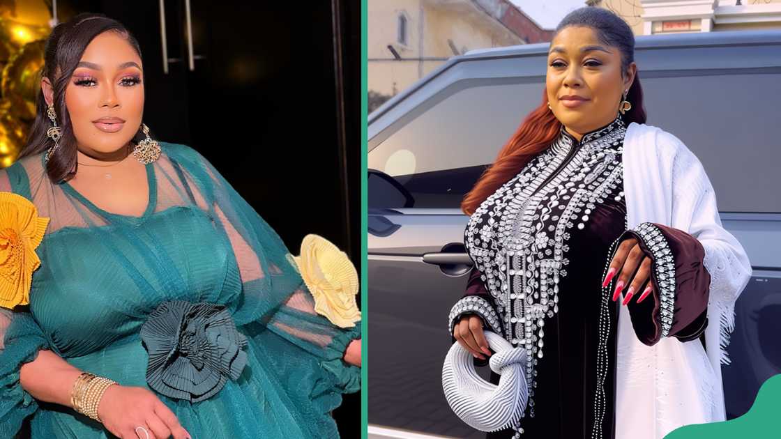 Tayo posing for a photo in front of the black background with warm lighting (L). Tayo at her compound (R) Tayo posing for a photo in front of the black background with warm lighting (L). Tayo at her compound (R)