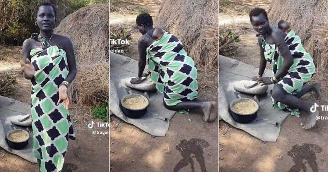 Pretty mum using a grinding stone