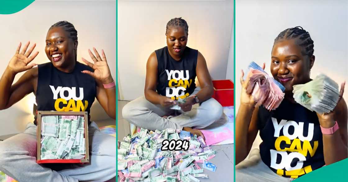 Lady opens her piggy box to count 2024 savings