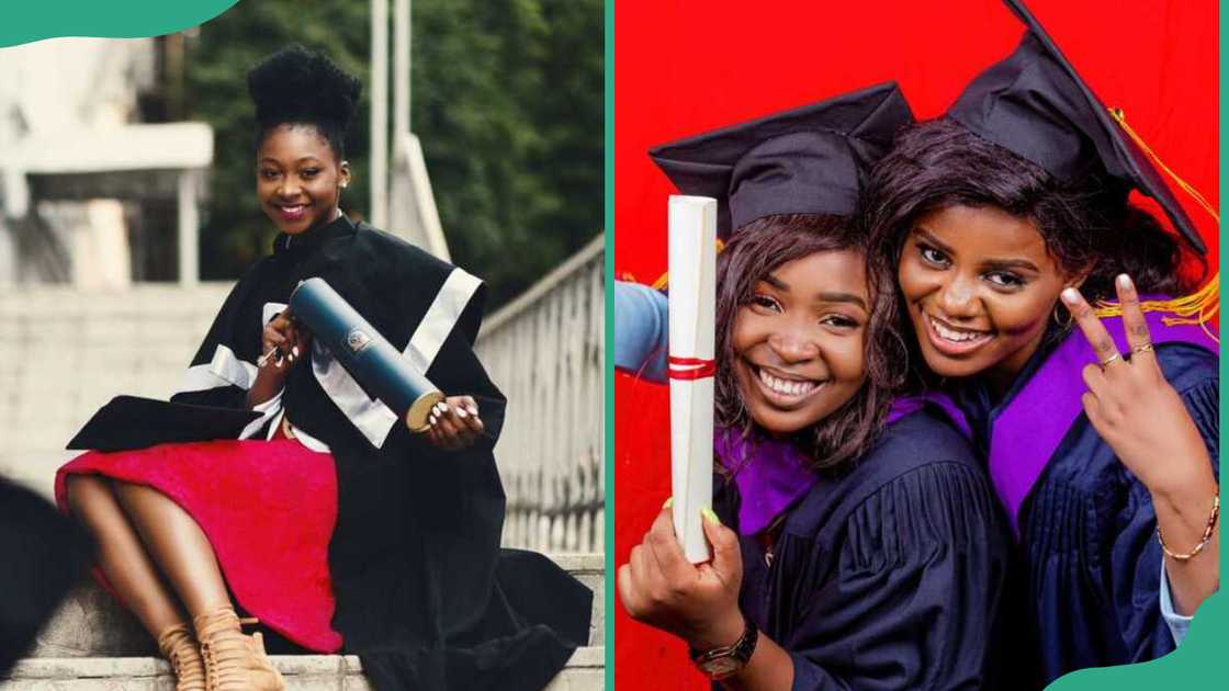 Students in graduation gowns holding their degrees