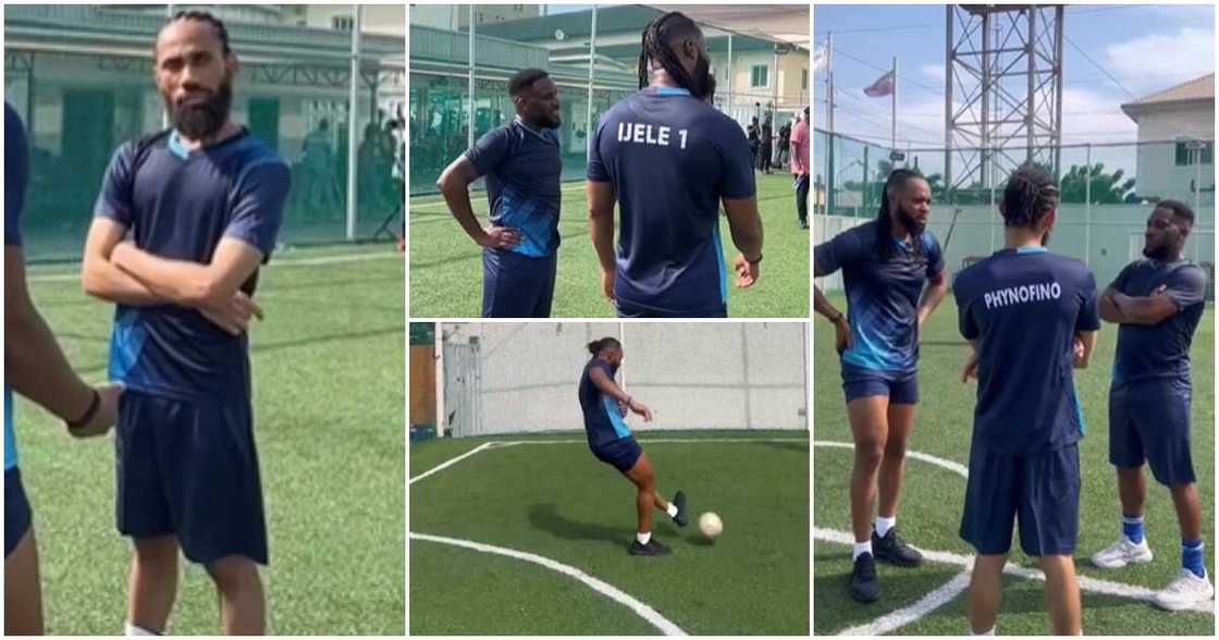 Photos of Phyno, Jay Jay Okocha and Flavour playing football together Photos of Phyno, Jay Jay Okocha and Flavour playing football together