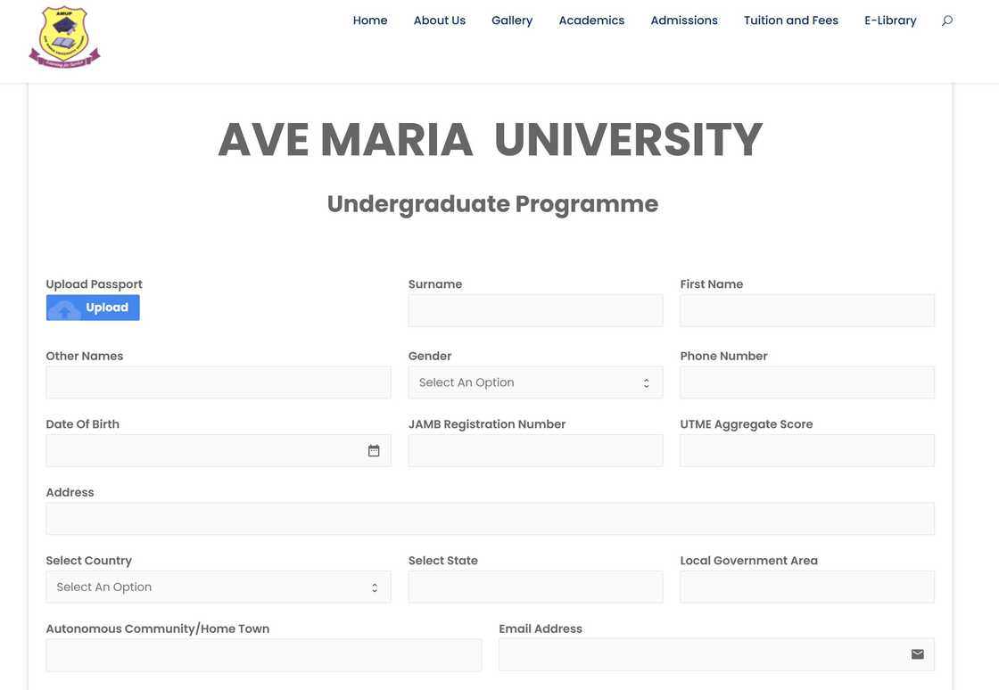 Ave Maria University application website