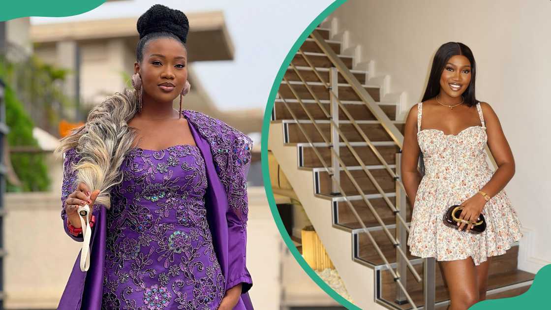 Chinenye Nnebe poses in a purple outfit, and she stands by the staircase in a short floral dress