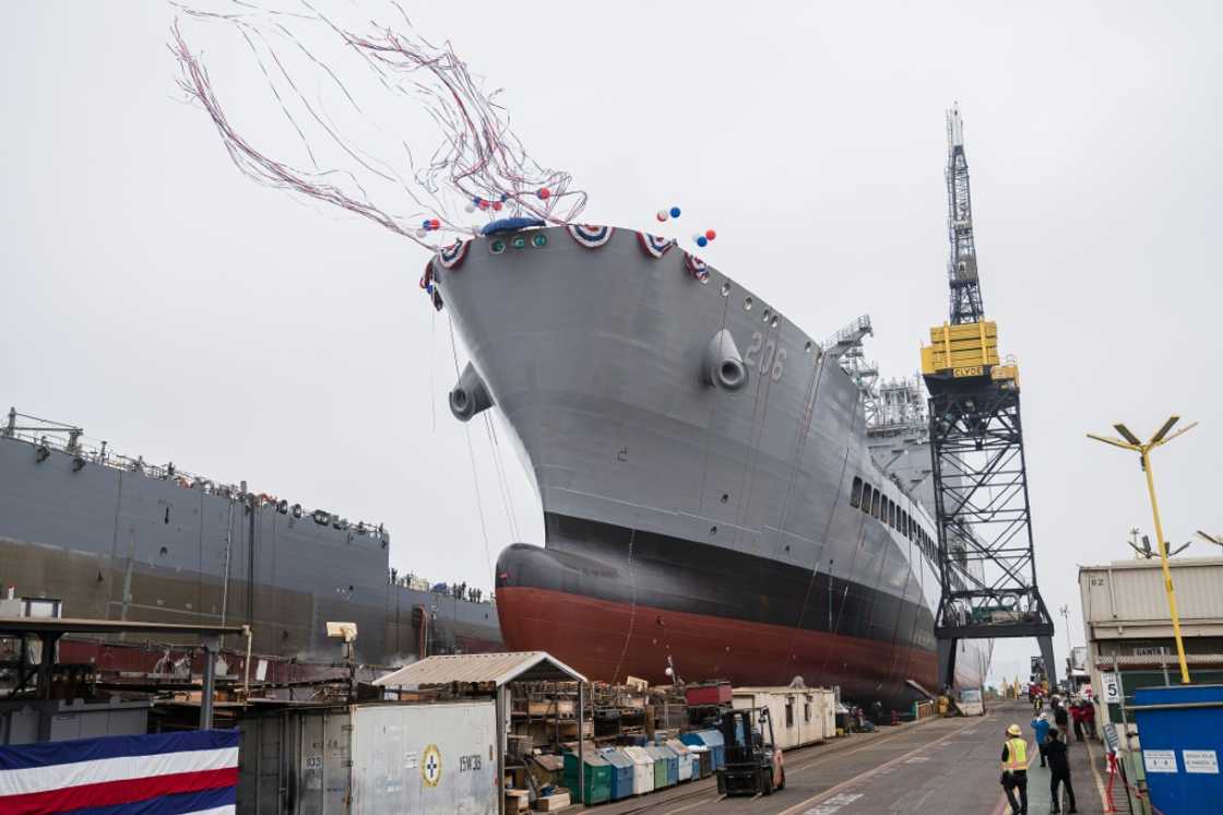 The USNS Harvey Milk leaves the General Dynamics NASSCO shipyard in San Diego, California, on November 6, 2021