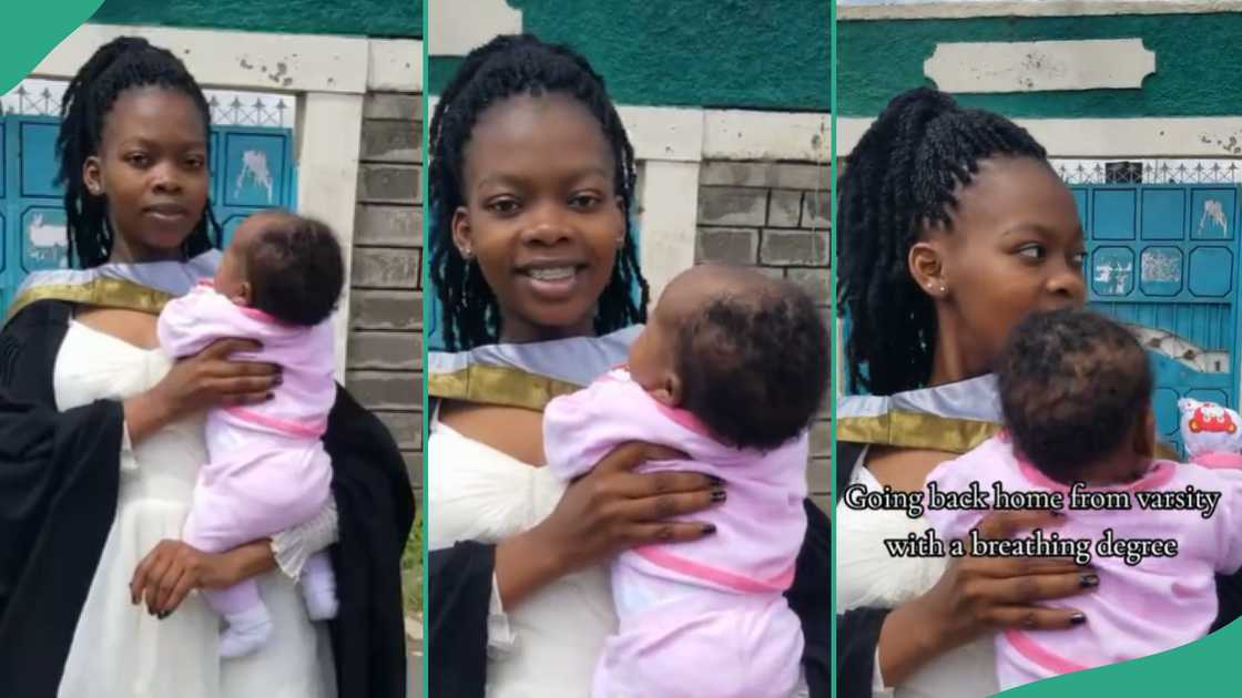 Lady graduates from university with a baby.