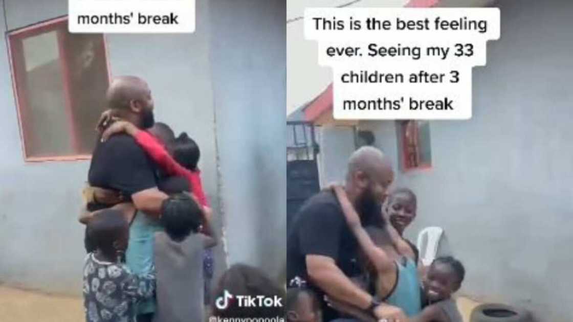 Kind man gets hug from happy children Kind man gets hug from happy children