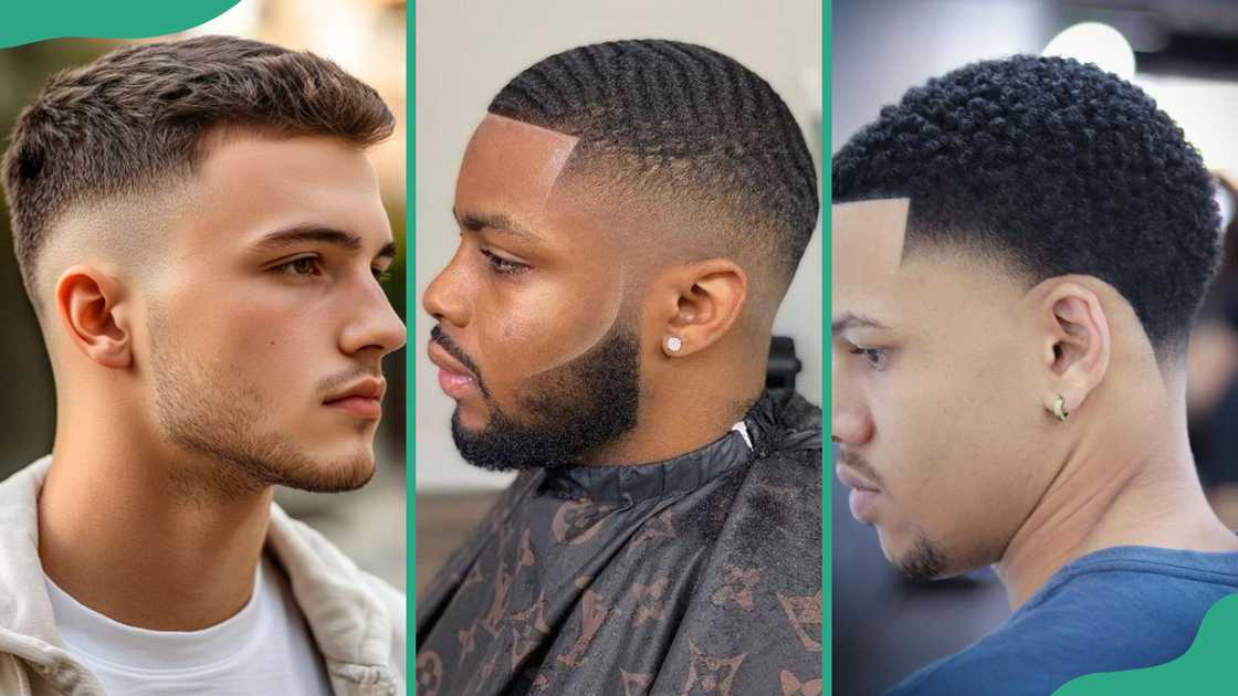 Short quiff (L), Caesar cut (C), and undercut with a short top (R) haircuts Short quiff (L), Caesar cut (C), and undercut with a short top (R) haircuts