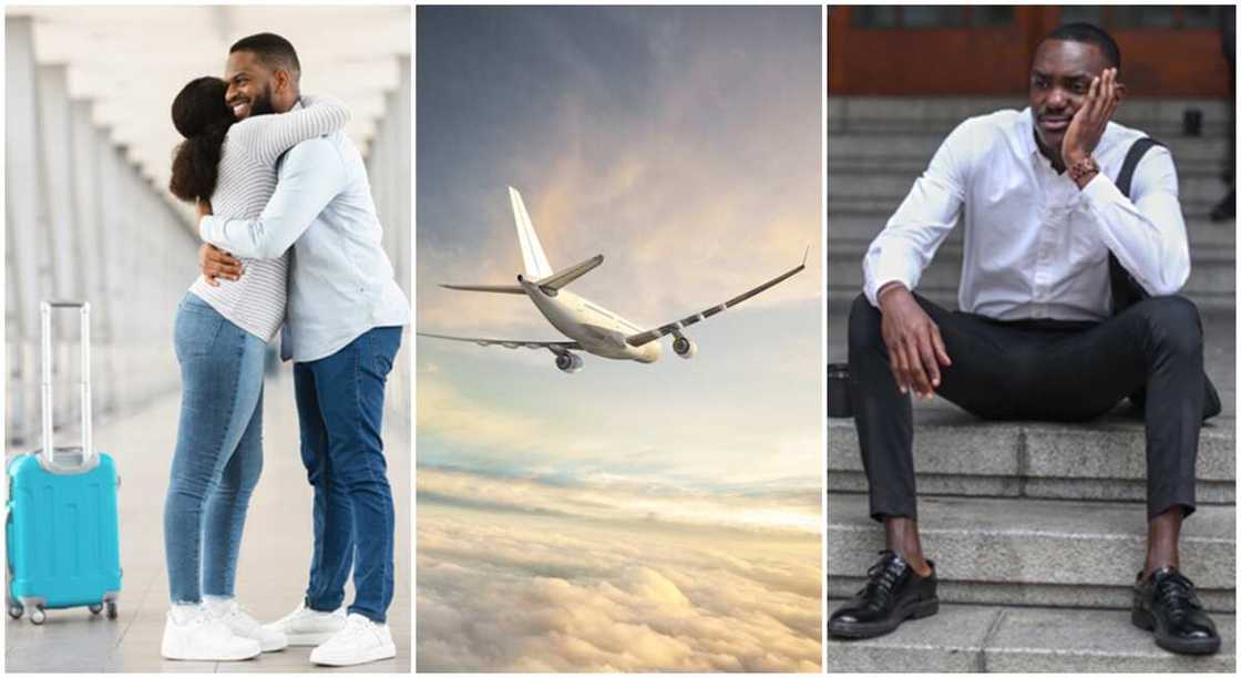 A man hugging his woman at the airport before boarding airplane.