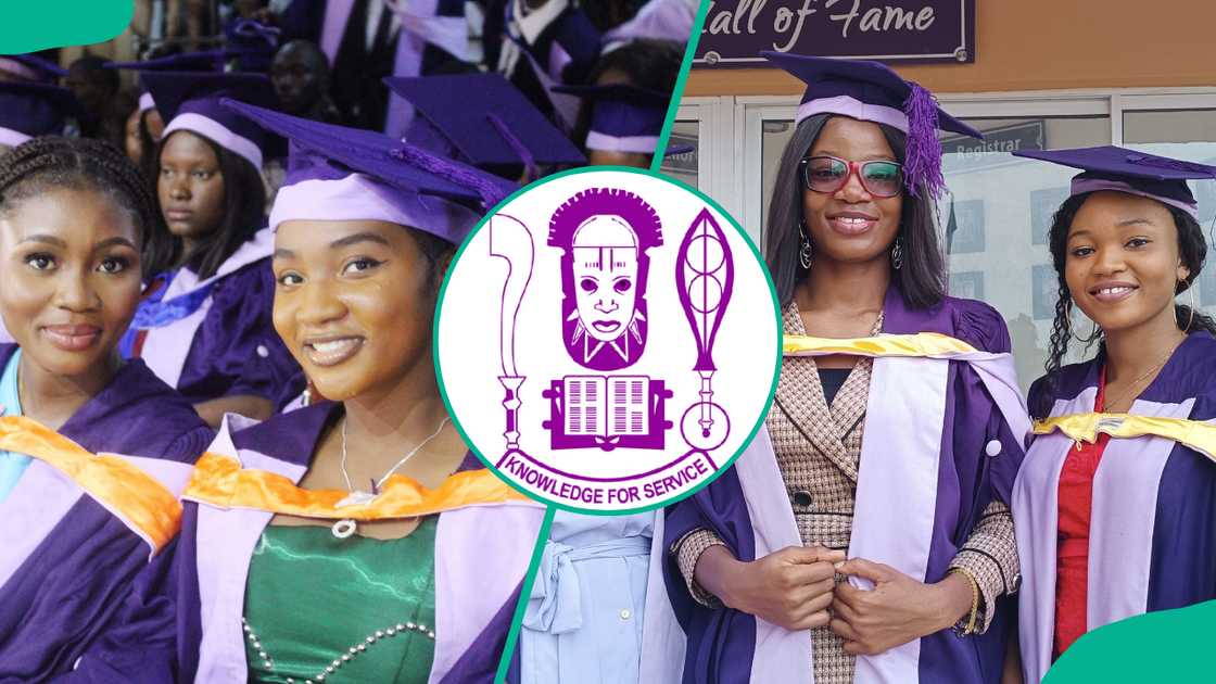 Female UNIBEN graduates (L) and (R). The university logo (C)