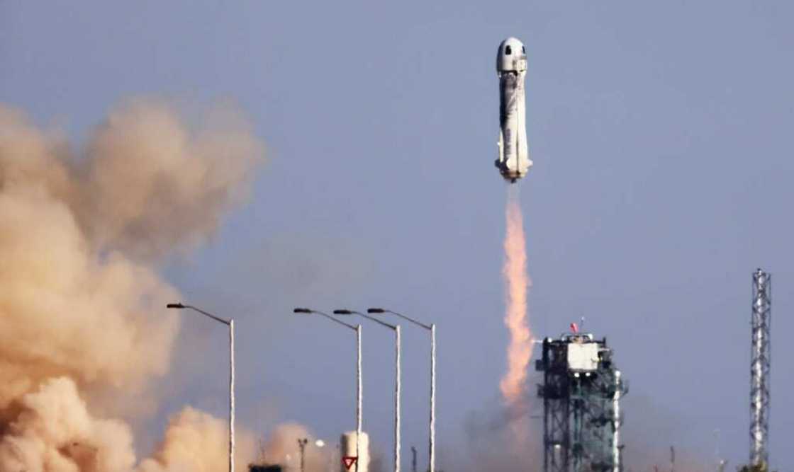 Blue Origin’s New Shepard lifts off from the launch pad carrying 90-year-old Star Trek actor William Shatner and three other civilians on October 13, 2021 near Van Horn, Texas