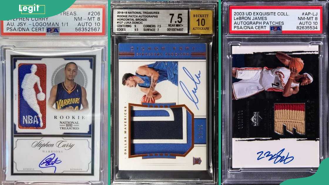 Roockie cards of Stephen Curry, Luka Dončić, and LeBron James.