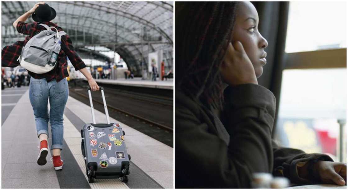 Lady dragging a traveling bag and another sitting sorrowfully.