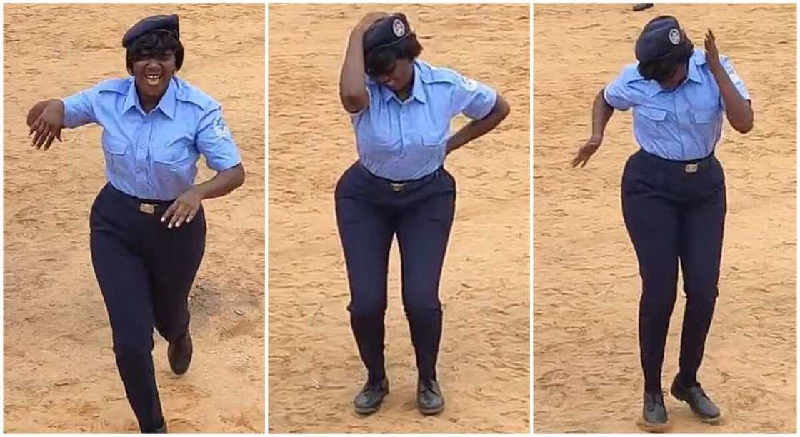 Lady in security uniform dancing in open arena. Lady in security uniform dancing in open arena.