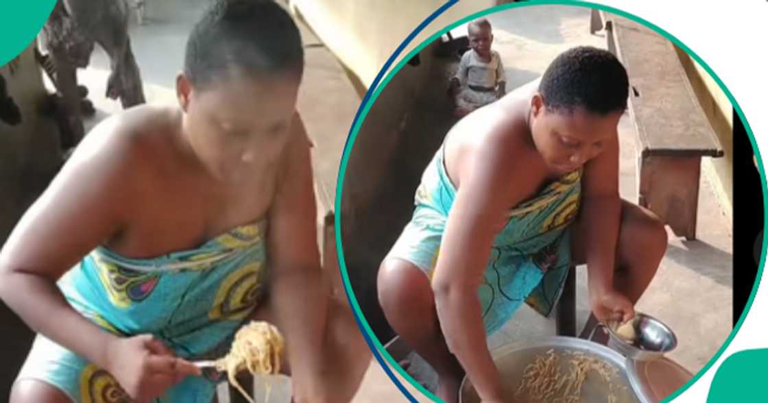 Mother of ten children seen serving food to them from a big pot.