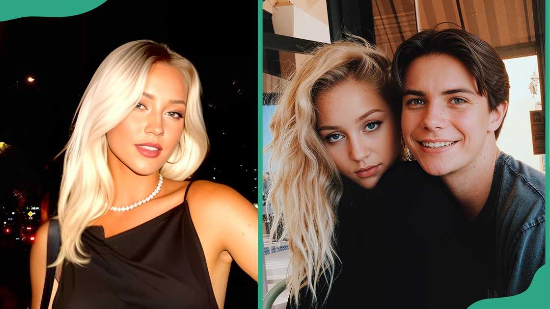 Morgan Justus, posing in a black dress at night (L). The model and Brent Rivera posing together (R) Morgan Justus, posing in a black dress at night (L). The model and Brent Rivera posing together (R)