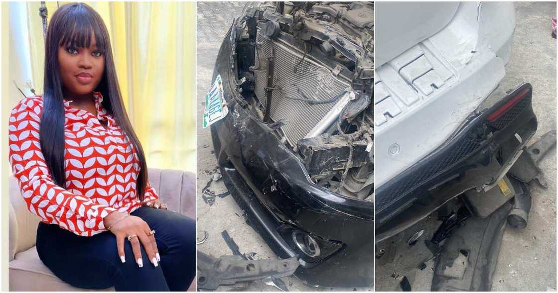Mo Bewa and her wrecked car. Mo Bewa and her wrecked car.