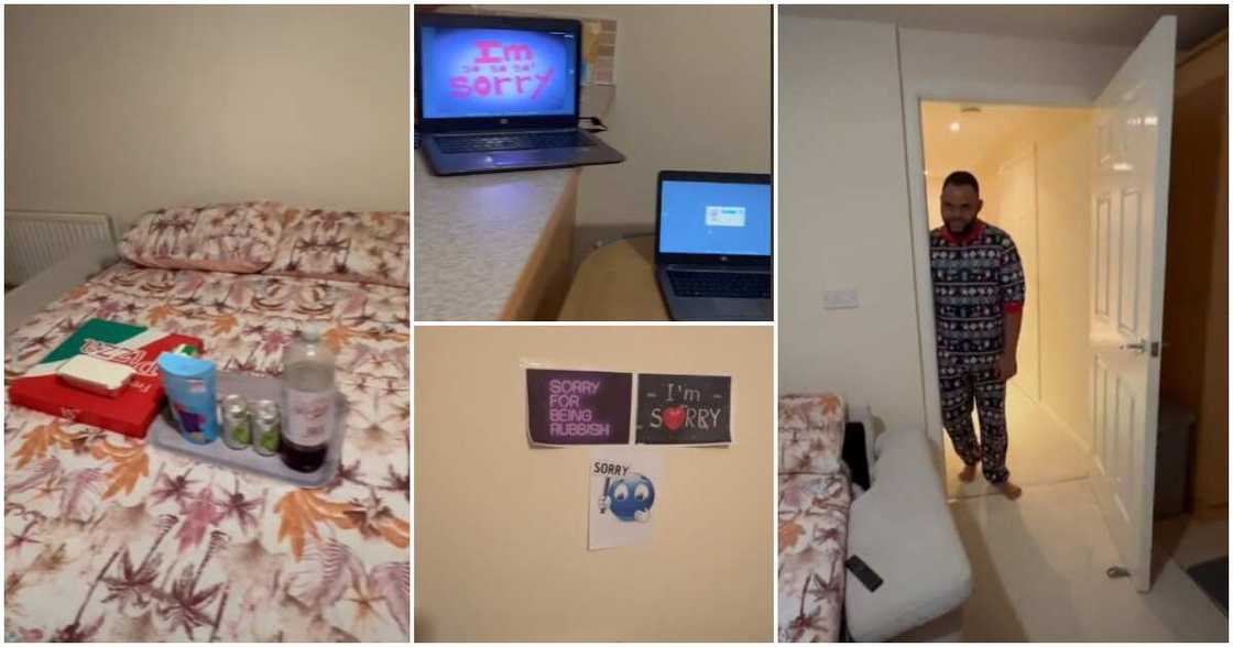 Funny Nigerian couple moment, Nigerian man apologises to wife, 2 laptops, writing on wall Funny Nigerian couple moment, Nigerian man apologises to wife, 2 laptops, writing on wall