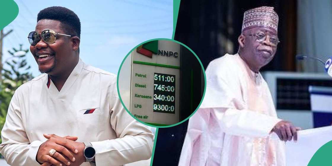 Photos of Mr Macaroni, Pres. Tinubu and NNPC price board Photos of Mr Macaroni, Pres. Tinubu and NNPC price board